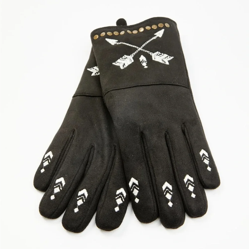 IDYLLWIND HALEY CROSS ARROW GLOVES Faux Suede Gloves w/ White Embroidered Arrows